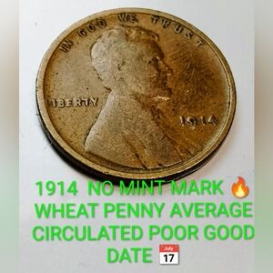 ✅1914 No MINT MARK WHEAT PENNY Vintage Copper Coin